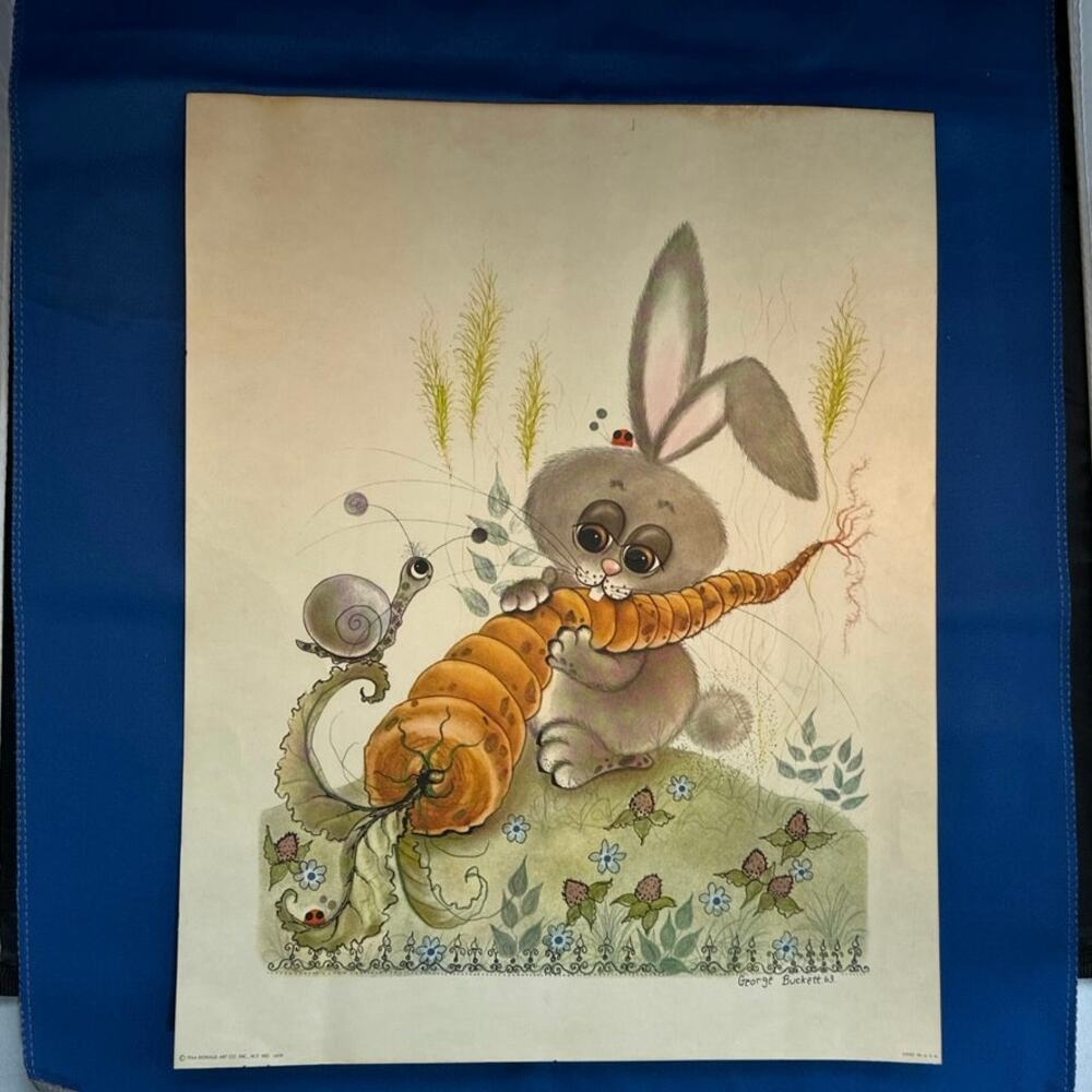 Mid-century modern art lithograph by George Buck 1963 Big Eyes Rabbit